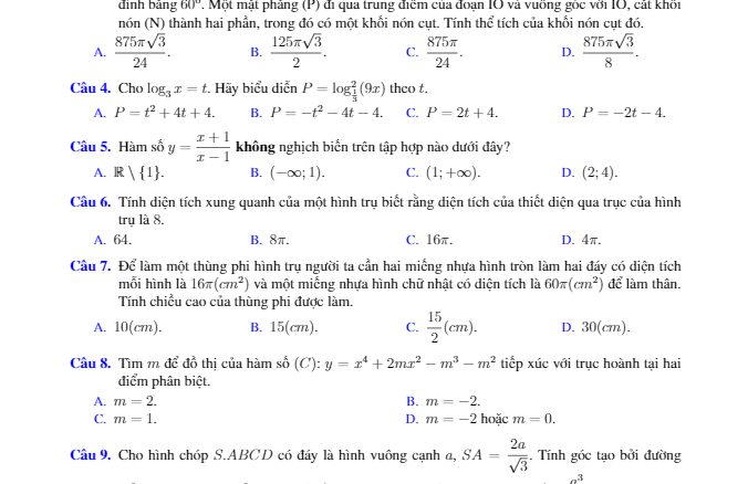 Đề thi giữa học kỳ I năm học 2017 2018 môn Toán 12 trường THPT Lương Thế Vinh Hà Nội