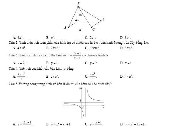 Đề thi học kỳ 1 Toán 12 năm học 2018 2019 trường THPT Hiếu Tử Trà Vinh