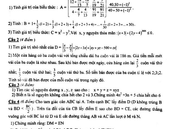 Đề thi HSG Toán 7 năm 2019 2020 phòng GD&ĐT Lục Nam Bắc Giang THCS.TOANMATH.com