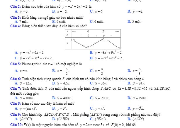 Đề thi khảo sát Toán 12 tháng 3/2018 trường Trần Phú & Yên Lạc Vĩnh Phúc