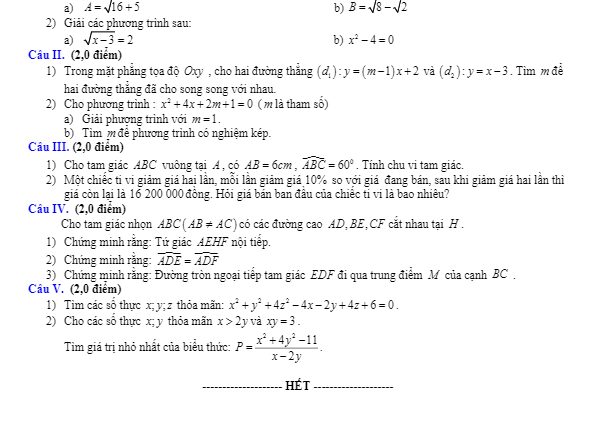 Đề tuyển sinh lớp 10 THPT môn Toán năm 2020 2021 sở GD&ĐT Hòa Bình THCS.TOANMATH.com