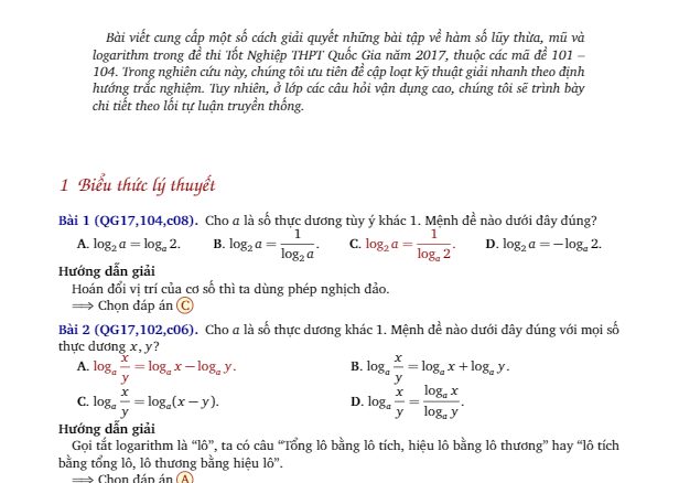 Hướng dẫn giải các bài toán về hàm số lũy thừa, mũ và logarit trong đề thi THPT QG 2017 Dương Trác Việt
