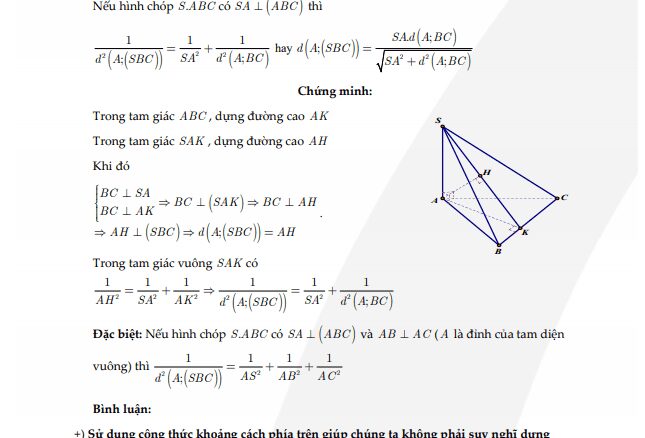 Khai thác công thức tính khoảng cách từ chân đường vuông góc của hình chóp đến mặt bên