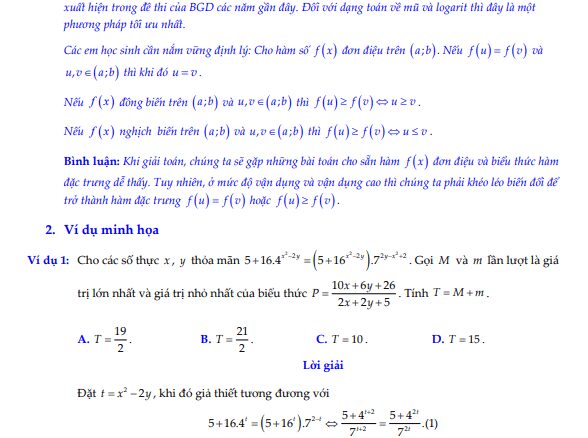 Kỹ năng sử dụng hàm đặc trưng để giải bài toán VDC mũ logarit