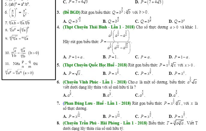 Phân dạng và bài tập trắc nghiệm lũy thừa, mũ và logarit có đáp án Nguyễn Bảo Vương
