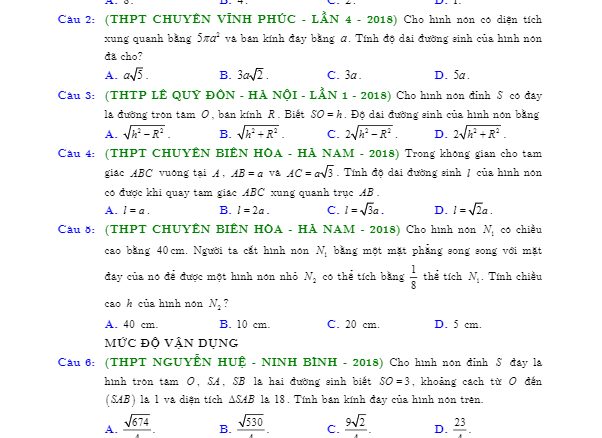 Phân dạng và bài tập trắc nghiệm mặt cầu mặt trụ mặt nón Nguyễn Bảo Vương
