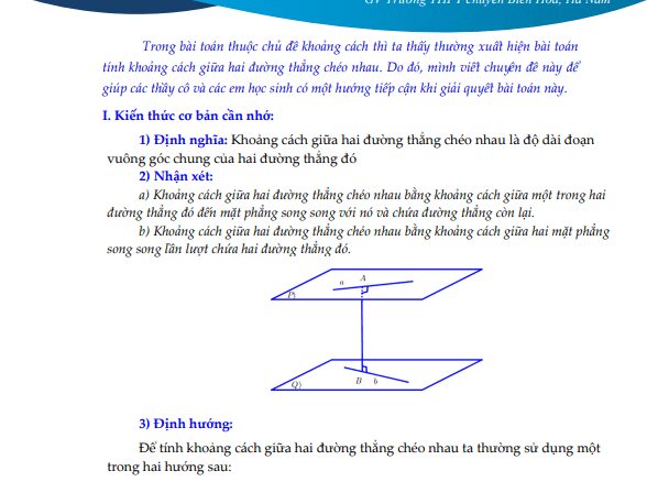 Phương pháp tính khoảng cách giữa hai đường thẳng chéo nhau nhờ kĩ thuật dựng song song giữa đường thẳng và mặt phẳng