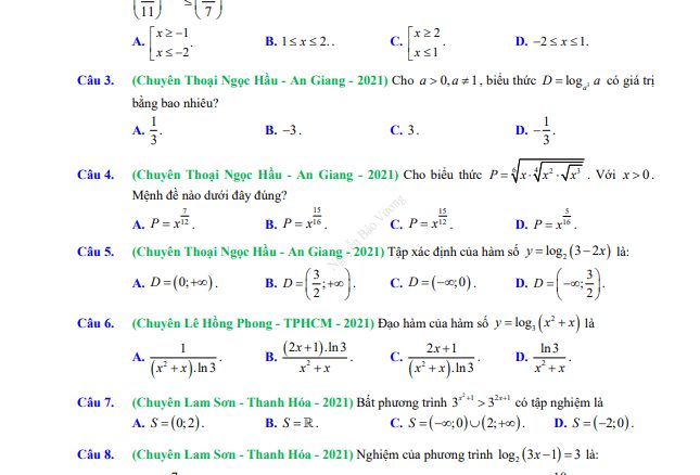 Tổng ôn tập TN THPT 2021 môn Toán: Hàm số lũy thừa mũ logarit