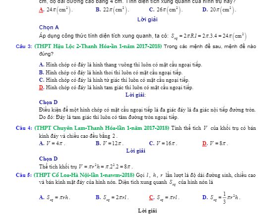 Trắc nghiệm khối tròn xoay có giải chi tiết trong các đề thi thử Toán 2018
