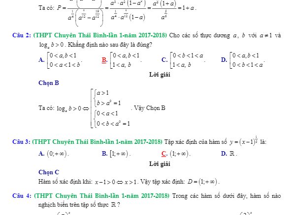 Trắc nghiệm lũy thừa, mũ và logarit trong các đề thi thử Toán 2018